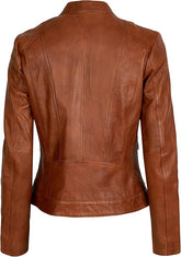 Slim-Fit-Jacke aus cognacfarbenem Kalbsleder für Damen